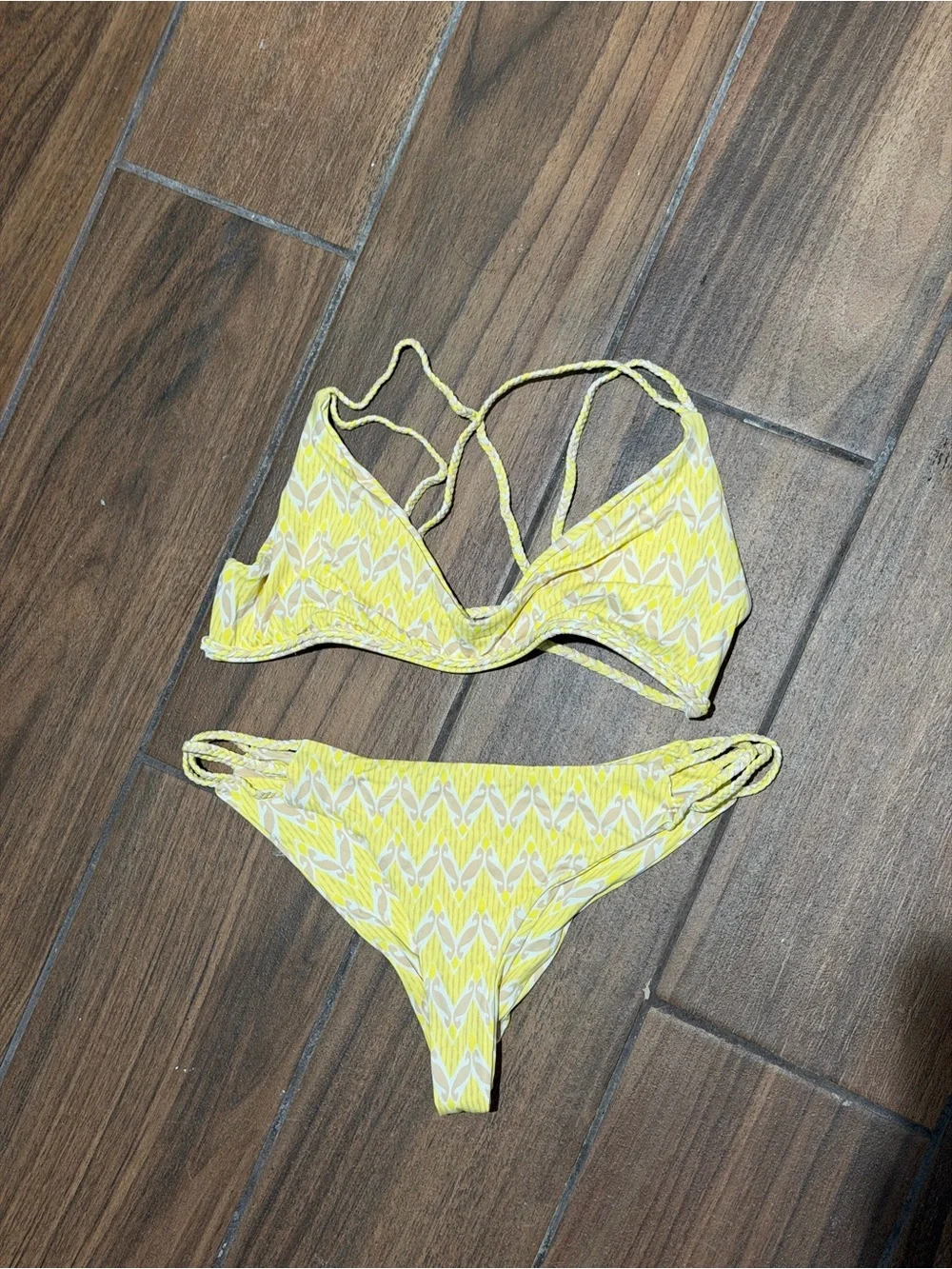 Frankie’s Bikinis Vintage Yellow Patterned Strappy Bikini Set